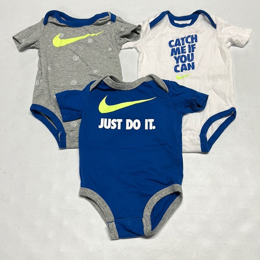 3x Boys NIKE Onesies sz 3-6M - Blue, White, Gray, Neon Green Swoosh